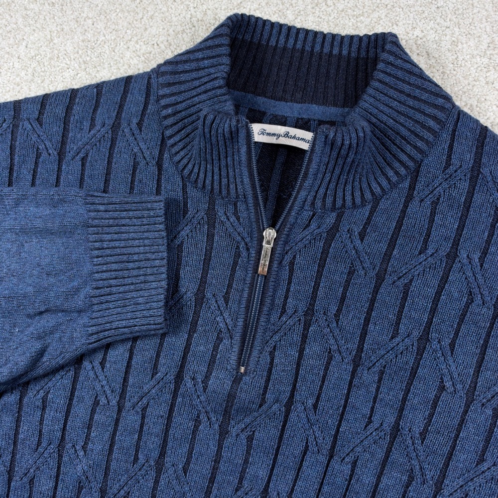 Tommy Bahama Sweater Mens 3XLB Blue Quarter Zip Cable Knit Cotton Pullover